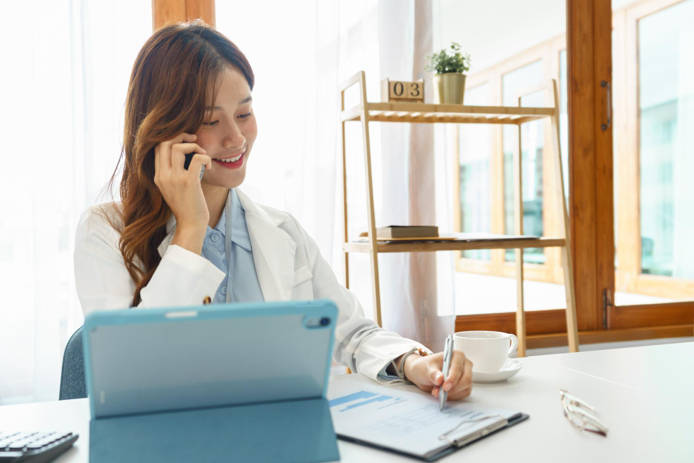 Cô gái trẻ tham gia cuộc phỏng vấn qua điện thoại trong không gian làm việc yên tĩnh.
