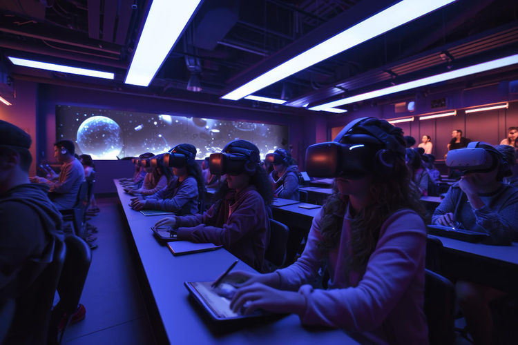 young workers using VR headsets and gaming technology in the workplace