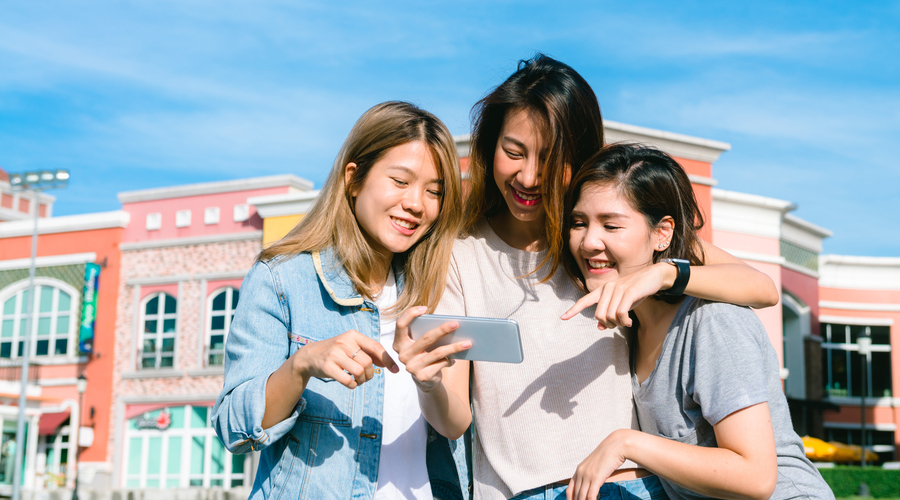 Group Young Asian Women Selfie Themselves With Phone Pastel Town After Shopping