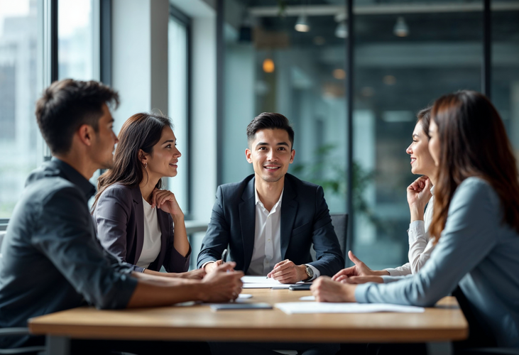 hr recruiter interviewing a group of 4 candidates in the company’s mass recruitment process