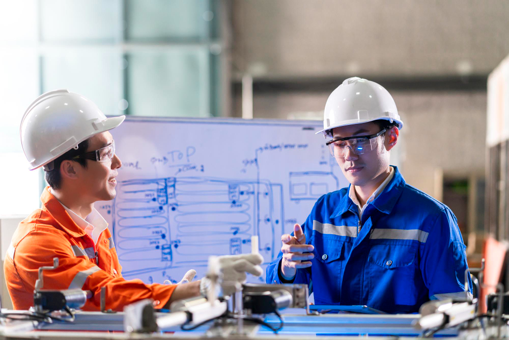 Mechanical engineering experts collaborating on production line optimization in a high-tech manufacturing facility.