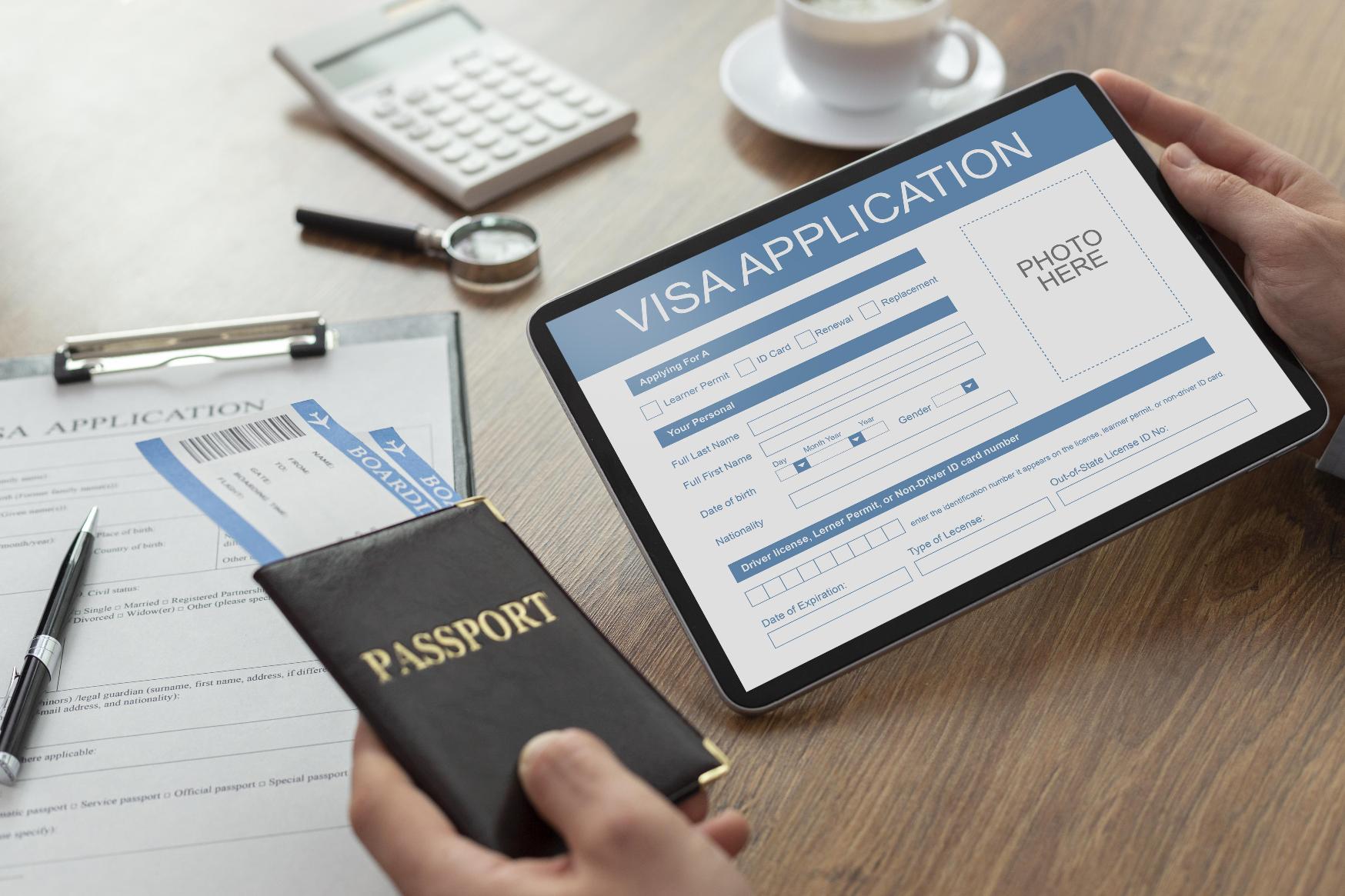 Online visa application with passport and documents