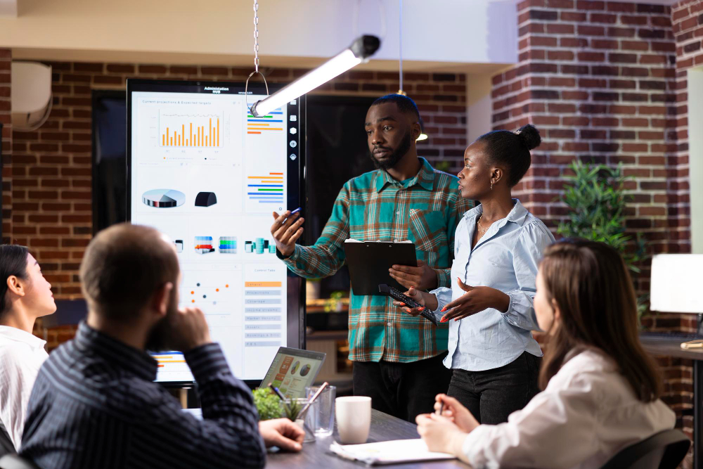 Black employees explaining business analytics