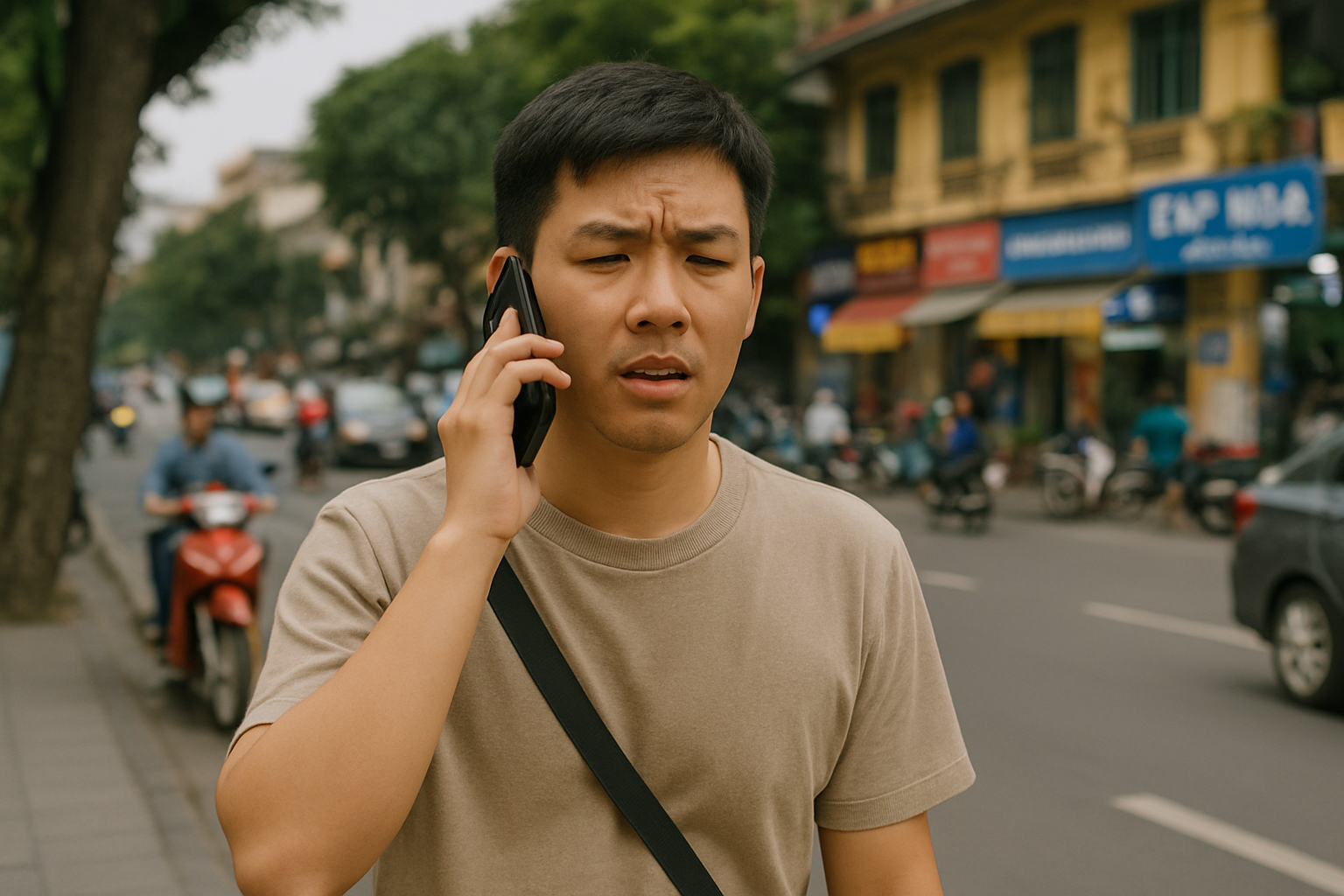 Chàng trai không nghe rõ nhà tuyển dụng nói khi tham gia phỏng vấn qua điện thoại ở ngoài đường.