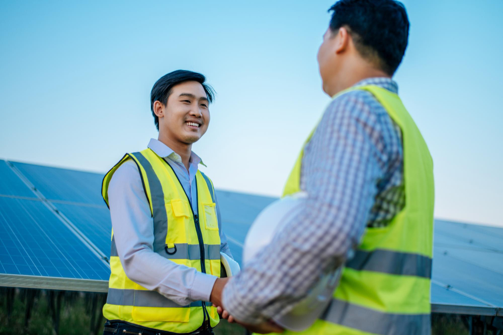 Two engineers in the energy sector shaking hands