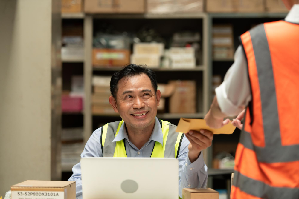 Quản lý kho hàng đang làm việc với nhân viên, thể hiện vai trò lãnh đạo và mức lương ngành Logistics.