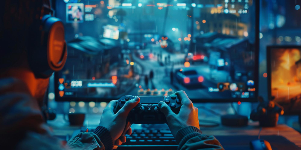 Gamepad in the hands of a gamer at a gaming company with a technological background