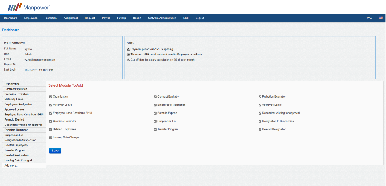Manpower Vietnam HRIS Screenshot Dashboard