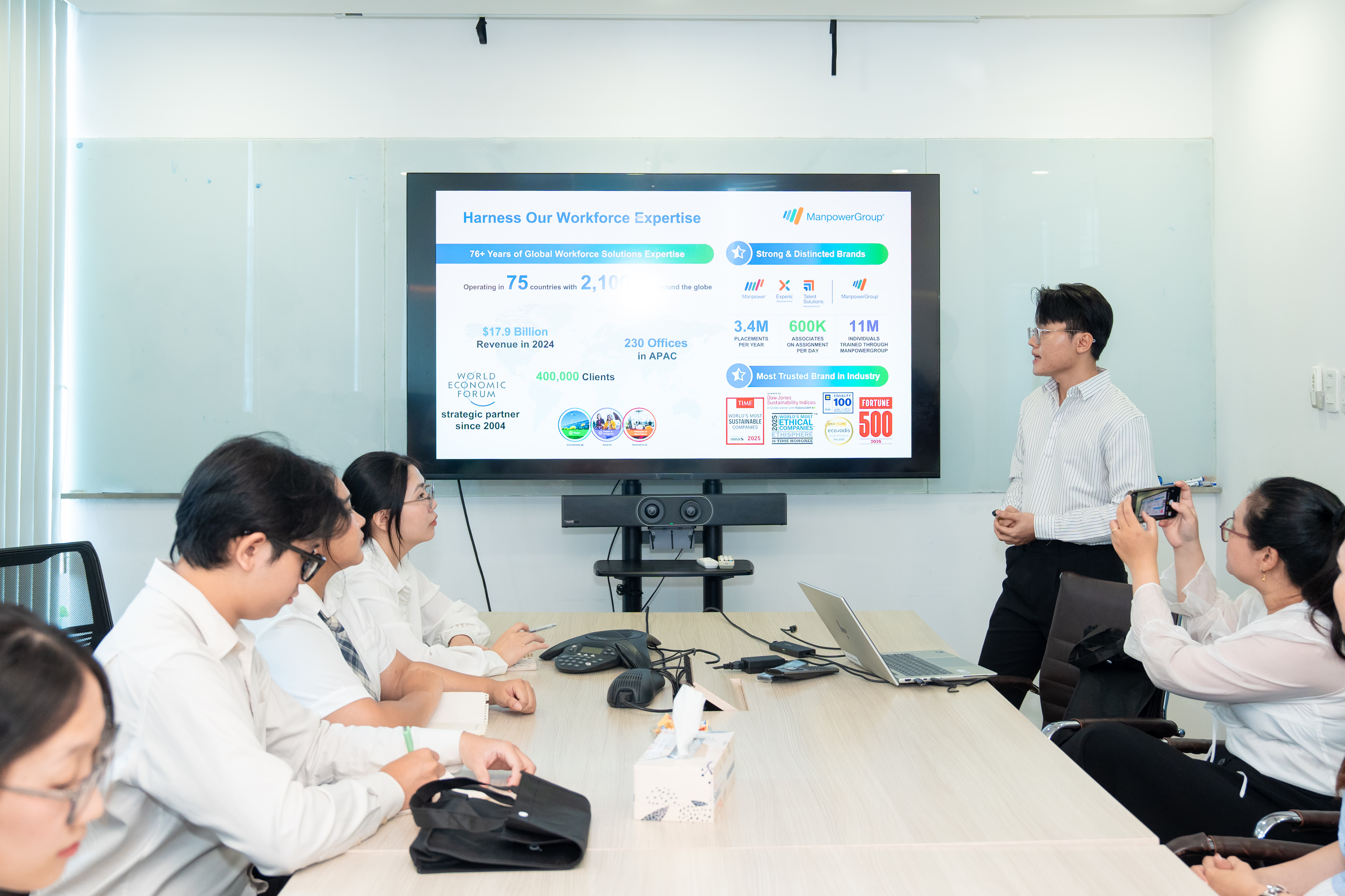 Sinh viên trao đổi trực tiếp với chuyên gia Manpower về cơ hội nghề nghiệp và lộ trình phát triển.
