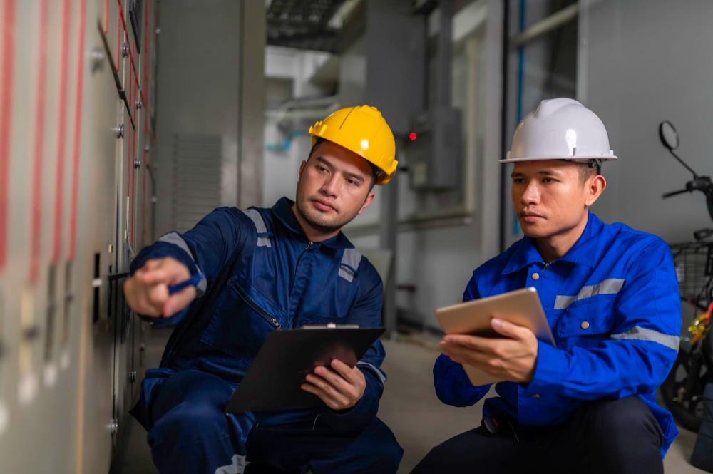 Engineers collaborating in a modern factory, illustrating key skills for engineers in automation and innovation.