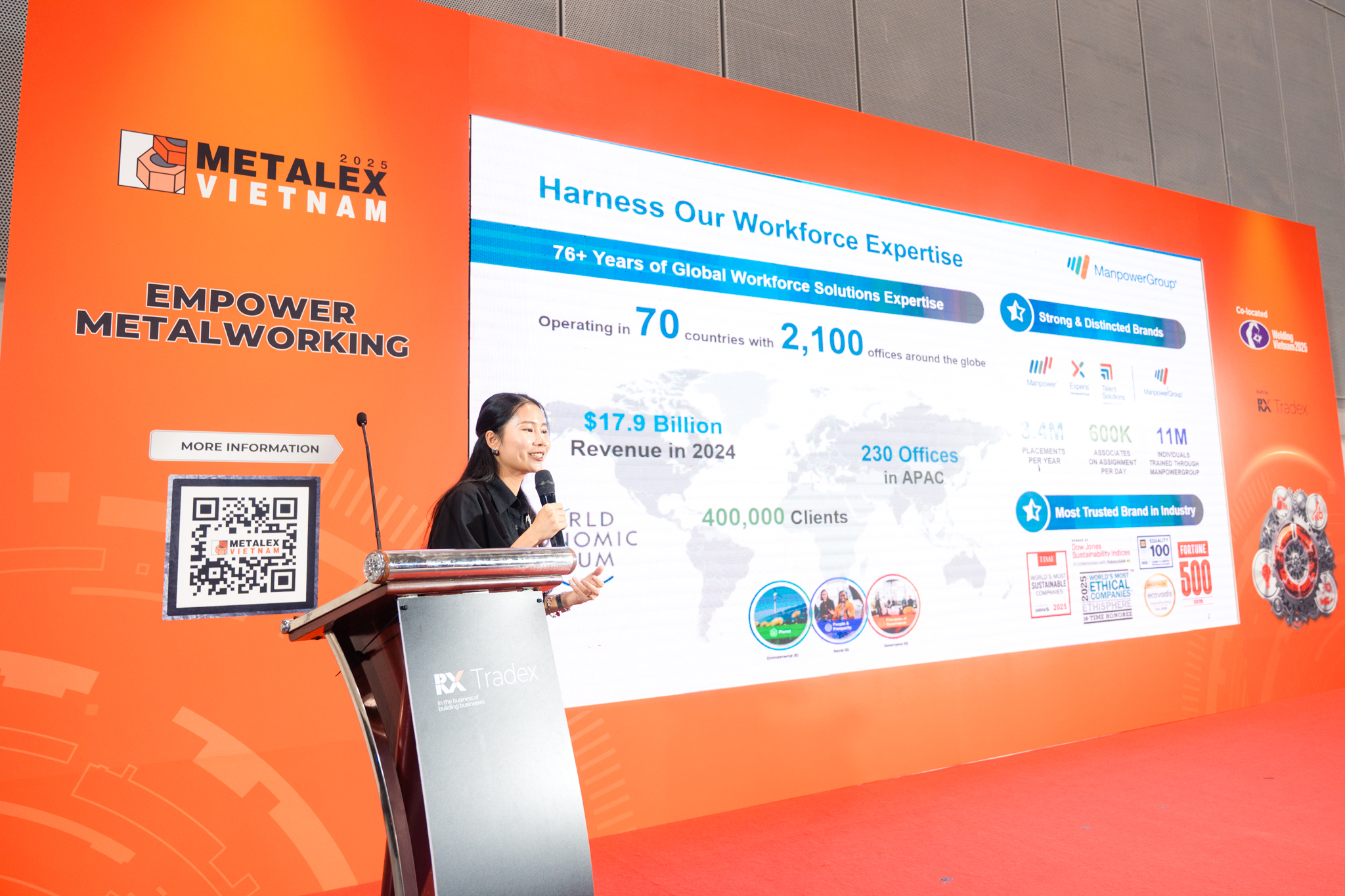 Manpower Vietnam’s representative, Ms. Yen Dao, sharing insights on mechanical engineering workforce challenges at METALEX Vietnam 2025. 