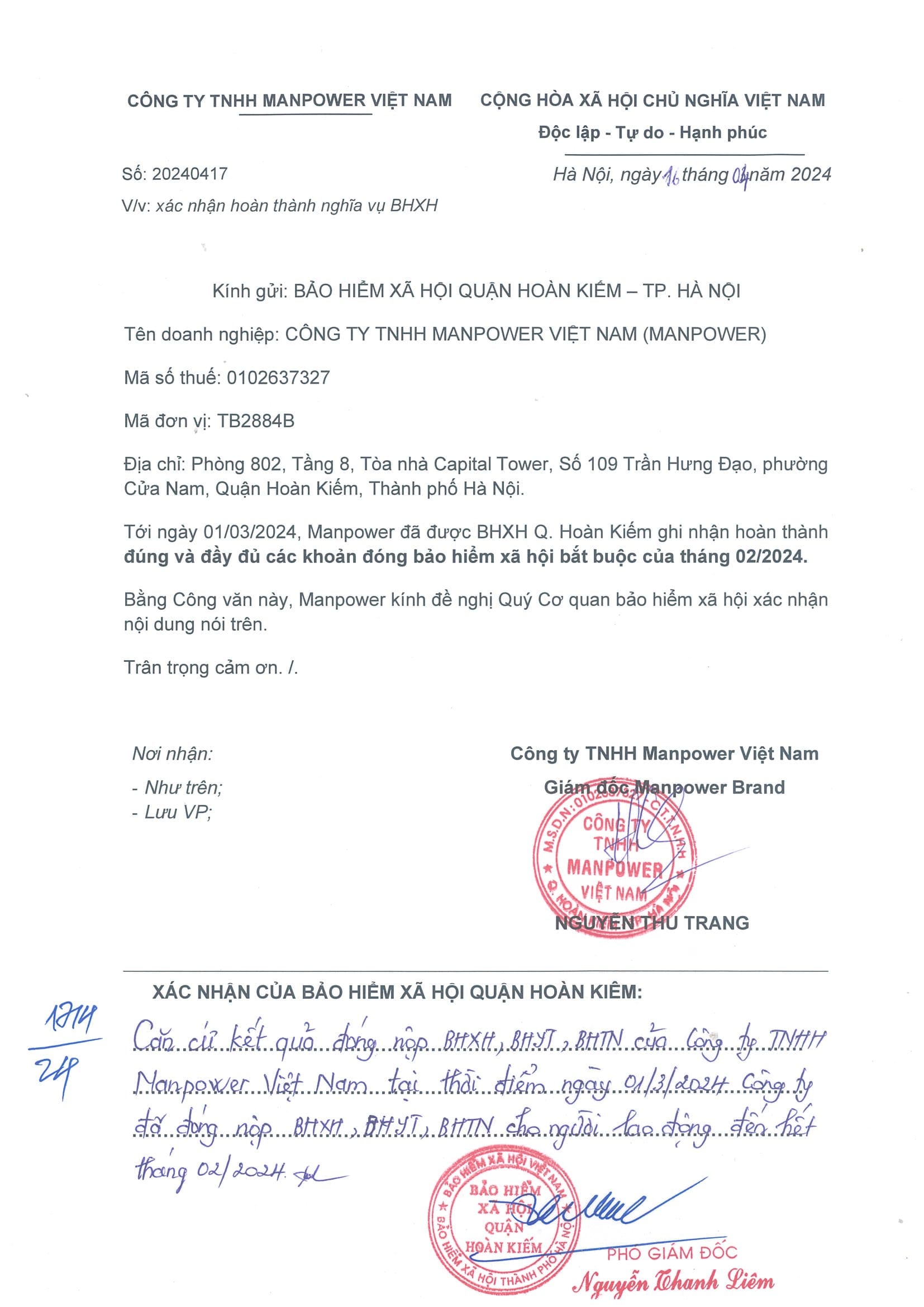Notice onSocial Insurance PaymentsIn response to recent reports regarding delayed social insurance payments among businesses in Vietnam, including Manpower Vietnam Co., Ltd. (Manpower Vietnam), Manpower Vietnam issues this official statement:ManpowerGroup is a global leader in workforce solutions with presence in more than 70 countries and territories. We are committed to the highest ethical standards and conduct our business with full transparency. We are recognized consistently for our diversity – as a best place to work for Women, Inclusion, Equality, and Disability, and in 2024 ManpowerGroup was named one of the World's Most Ethical Companies for the 15th time – all confirming our position as the brand of choice for in-demand talent.As of March 1, 2024, Manpower Vietnam has been officially confirmed by the Hanoi Social Insurance for having accurately and promptly completed our compulsory social insurance payment for February 2024, as evidenced in the attached document below. We wish to reassure all stakeholders that we remain committed to maintaining the highest ethical standards within our industry. Our primary focus continues to be delivering exceptional services to our esteemed clients and candidates.Thank you for your continued support and trust in Manpower Vietnam.