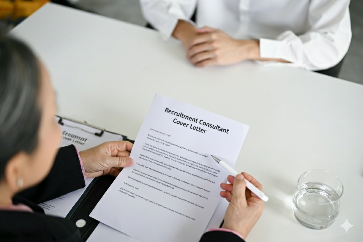 A recruiter reviewing a candidate’s cover letter for a Recruitment Consultant position.
