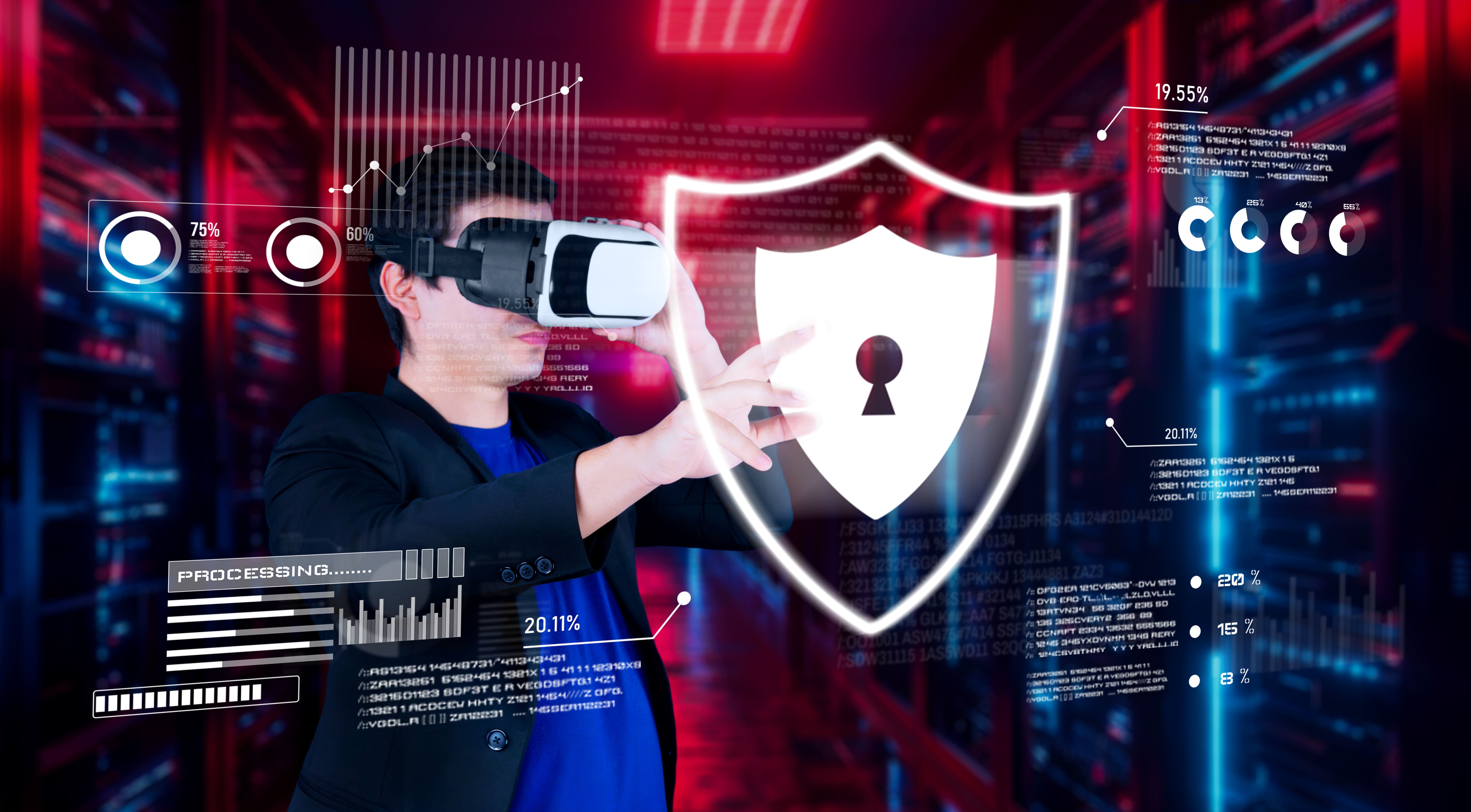 A cybersecurity expert uses advanced VR technology to proactively defend the server network.