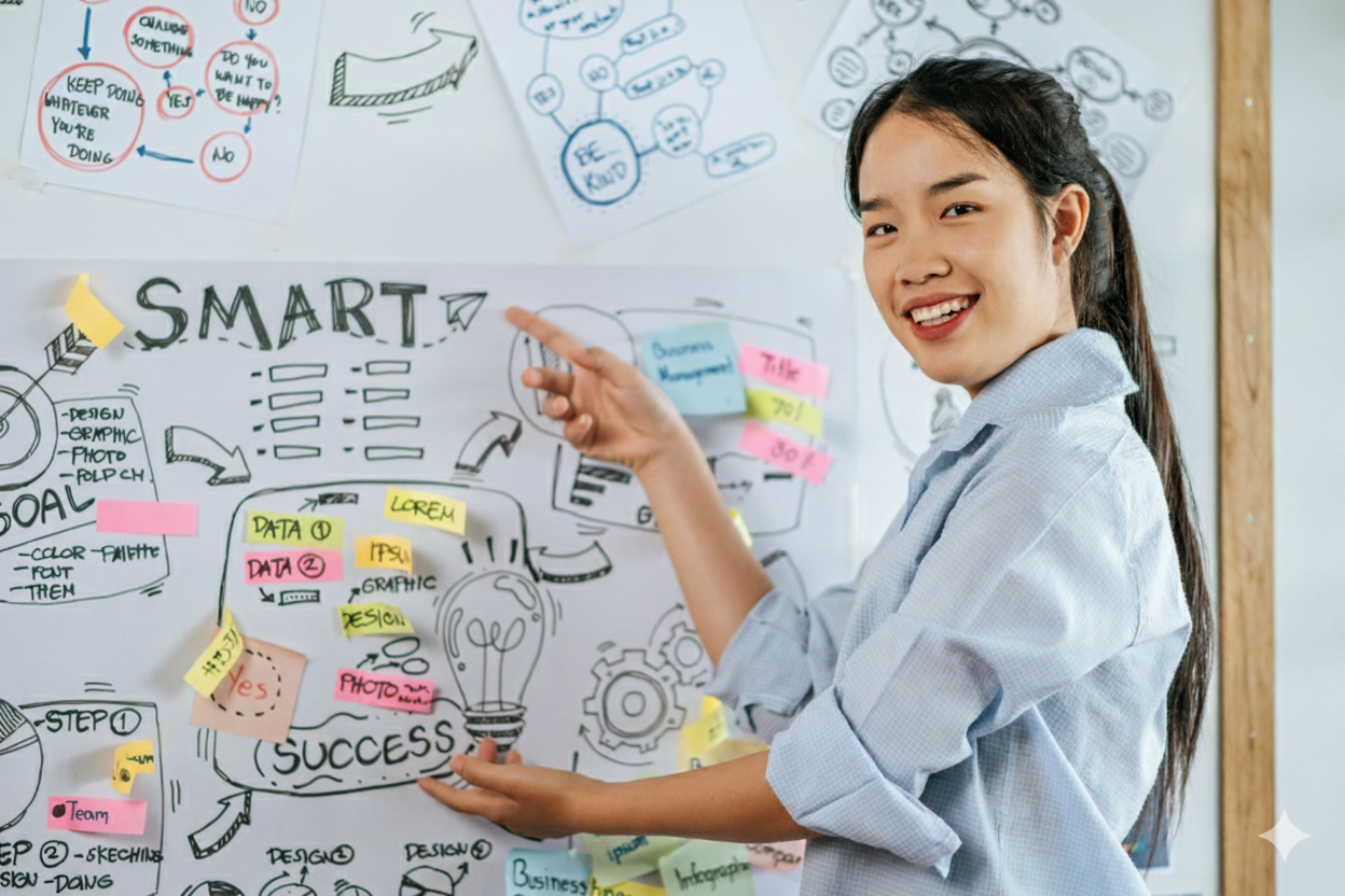 Cô gái thiết lập mục tiêu SMART để lên kế hoạch cụ thể cho mục tiêu cá nhân.