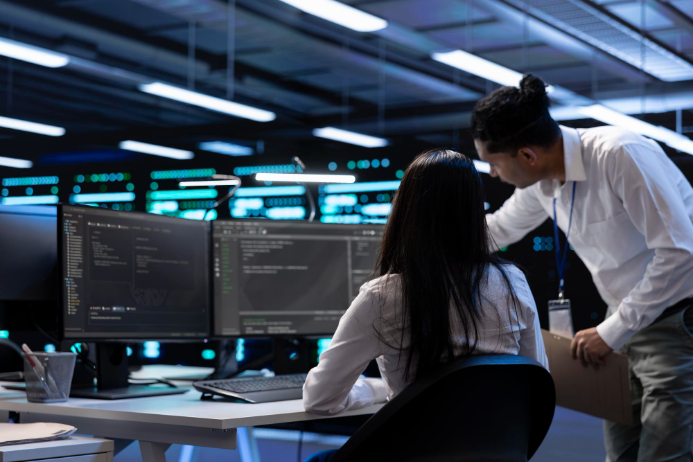 Technicians working together in a server room to diagnose network issues, supported by an IT Executive search firm.