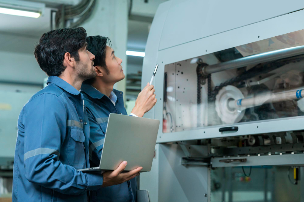 Male asian caucasian engineer professional having a discussion