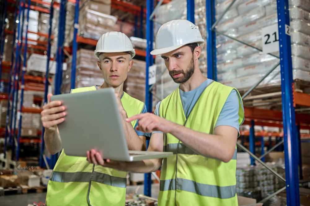 Operations supervisor checking machinery efficiency and assembly line workflow on a factory floor